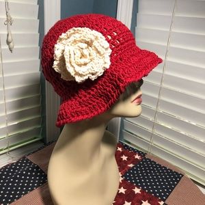 Hand made cotton crochet flapper hat with rose